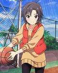  basketball basketball_court basketball_hoop black_hair blush brown_eyes idolmaster idolmaster_(classic) idolmaster_million_live! kikuchi_makoto official_art pantyhose short_hair smile solo vest 