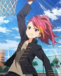  basketball basketball_court basketball_hoop idolmaster idolmaster_million_live! jacket maihama_ayumu multicolored_hair official_art pink_eyes pink_hair ponytail 