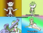  breasts cleavage clothed clothing english_text female gardevoir harijizo human humanized machoke mammal mummy nintendo pok&#233;mon pok&eacute;mon punched punching red_eyes text undead video_games 