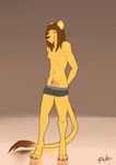  4_toes anthro black_nose blue_eyes boxers brown_hair bulge claws digitigrade feline fur hair humanoid_penis lion long_hair looking_at_viewer lost-paw male mammal navel penis pink_penis plain_background pubes smile solo standing toe_claws toned underwear vein veiny_penis yellow_fur 