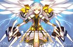  2014 artist_name bad_id bad_pixiv_id blue_background dated dress elsword eve_(elsword) gloves highres long_hair mecha_musume solo swd3e2 white_hair white_wings wings yellow_eyes 