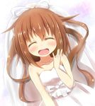  blush bow brown_hair closed_eyes crescent dress fumizuki_(kantai_collection) hair_bow highres jewelry kantai_collection kapu_(tetete8901) long_hair necklace open_mouth ponytail ring smile veil wedding_band wedding_dress 