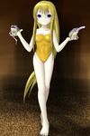  1girl barefoot blonde_hair blue_eyes cspmc feet female final_fantasy final_fantasy_vii frog jemnezmy legs leotard long_hair looking_at_viewer smile solo standing toes very_long_hair 