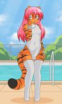  black_stripes blue_eyes bulge cloud erection feline fur girly hair helsy legwear male mammal navel one-piece_swimsuit open_mouth orange_fur penis pink_hair solo stockings swimming_pool swimsuit tiger wide_hips 