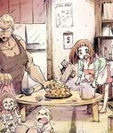  &gt;_&lt; 1girl alternate_hair_length alternate_hairstyle apron baby blonde_hair breasts brown_eyes brown_hair cardigan cleavage closed_eyes croquette crying dai_(mebae16) dark_skin family food gamagoori_ira husband_and_wife if_they_mated kill_la_kill large_breasts mankanshoku_mako pot short_hair sitting stuffed_animal stuffed_toy tank_top teddy_bear waist_apron 