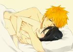  1boy 1girl 3_(200870239) afterglow bed_sheet black_hair bleach hetero holding kuchiki_rukia kurosaki_ichigo looking_at_another lying nude on_side orange_eyes orange_hair pillow sheets short_hair smile 