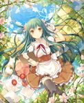  6u_(eternal_land) apple apron aqua_hair black_legwear blue_sky brown_dress butterfly_hair_ornament cat clipboard cloud day dress food fruit gloves hair_ornament looking_at_viewer lying on_back original overgrown petals puffy_sleeves reflection short_sleeves sky smile solo thighhighs twintails waist_apron white_gloves yellow_eyes zettai_ryouiki 