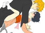  1boy 1girl 3_(200870239) black_hair bleach blush eye_contact japanese_clothes kimono kuchiki_rukia kurosaki_ichigo looking_at_another lying missionary on_back orange_hair parted_lips purple_eyes rough short_hair size_difference socks yellow_eyes 