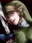  bangs black_background blonde_hair blood blood_on_face bloody_weapon earrings evil fingerless_gloves gloves hat holding jewelry link looking_at_viewer male_focus master_sword nintendo open_mouth out_of_character pointy_ears shadow simple_background solo swept_bangs sword the_legend_of_zelda the_legend_of_zelda:_twilight_princess wasabi_(legemd) weapon 