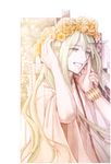  bad_id bad_pixiv_id bracelet eda_(1rinkuma) enkidu_(fate/strange_fake) fate/strange_fake fate_(series) green_hair grey_eyes hand_on_another's_face head_wreath jewelry long_hair pale_color 