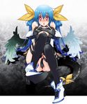  asymmetrical_wings black_legwear blue_hair blush breasts c-string dizzy feathered_wings guilty_gear hair_ribbon hair_rings highres kyouhei large_breasts red_eyes ribbon shocked_eyes solo sweatdrop tail tail_ribbon thighhighs twintails wings 
