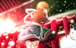  :o arm_warmers bad_id bad_pixiv_id blonde_hair blouse breath elbow_rest from_behind green_eyes hands_together highres layered_skirt mizuhashi_parsee pointy_ears railing sanpyon sash scarf short_hair short_sleeves snowing snowman solo touhou 