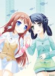  black_hair blue_eyes brown_hair capelet folded_hair hair_rings holding_hands hood hoodie long_hair minazoi_kuina mukaido_manaka multiple_girls nagi_no_asukara shiodome_miuna twintails 