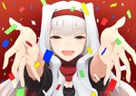  :d armpit_peek confetti hairband idolmaster idolmaster_(classic) long_hair open_mouth outstretched_arms red_background red_eyes scarf shijou_takane shimejirou short_sleeves silver_hair smile solo upper_body 