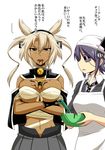  apron blonde_hair breasts budget_sarashi chocolate dark_skin eyepatch food food_on_face glasses head_scarf headgear kanno_takanori kantai_collection large_breasts mixing_bowl multiple_girls musashi_(kantai_collection) necktie pointy_hair purple_hair red_eyes sarashi short_hair skirt tenryuu_(kantai_collection) translated twintails 