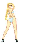  1girl animated animated_gif ass_shake bikini blonde_hair blue_bikini blue_eyes cammy_white capcom full_body hand_on_hip high_heels knees legs lowres midriff navel open_shoes pixel_art solo street_fighter street_fighter_ii swimsuit twintails txsnew 