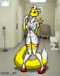  black_sclera blue_eyes breasts chest_tuft cleavage clothed clothing digimon facial_markings female fur hat high_heels kostos_art legwear looking_at_viewer markings nurse renamon solo stockings tight_clothing tuft white_fur yellow_fur 