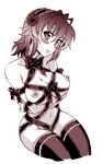  bad_id bad_pixiv_id blush bow breasts frilled_legwear hairband highres kusanagi_tonbo large_breasts looking_at_viewer monochrome naked_ribbon navel nipples original ribbon short_hair simple_background solo thighhighs tongue towel white_background wide_hips 
