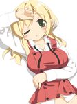  blonde_hair blush bottomless breasts green_eyes hidamari_sketch large_breasts looking_at_viewer miyako one_eye_closed peko school_uniform simple_background solo white_background 