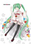  2020 2020_summer_olympics 71pen bell detached_sleeves flower green_eyes green_hair hair_flower hair_ornament hatsune_miku highres jingle_bell long_hair obi olympics open_mouth sandals sash solo thighhighs twintails very_long_hair vocaloid 