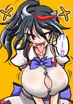  :p black_hair blush breasts horns huge_breasts kijin_seija multicolored_hair ponytail red_eyes red_hair rindou_(p41neko) sharp_teeth solo streaked_hair teasing teeth tongue tongue_out touhou translation_request v_arms white_hair 