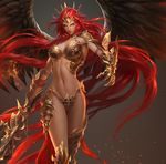  angel armor bikini_armor breasts cleavage large_breasts league_of_angels lipstick long_hair makeup midriff navel realistic red_eyes red_hair rike_lee solo sword weapon wings 
