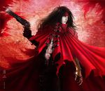  1boy artist_request black_hair cape final_fantasy final_fantasy_vii gauntlets glowing glowing_eyes gun headband long_hair male male_focus red_cape red_eyes solo torn_clothes vincent_valentine weapon 