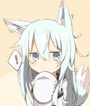  1girl animal_ears blue_eyes dog_ears dog_tail hat hat_removed headwear_removed hibiki_(kantai_collection) kantai_collection kemonomimi_mode long_hair looking_at_viewer nonono_(mino) silver_hair solo spoken_exclamation_mark tail upper_body verniy_(kantai_collection) 