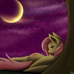  blush butt cloud collaboration cutie_mark equine fangs feral flutterbat_(mlp) fluttershy_(mlp) friendship_is_magic fur hair horse long_hair looking_at_viewer looking_back mammal moon muraofdemons my_little_pony outside pegasus pink_hair pony red_eyes silverfox057 sky smile stars tree wings yellow_fur 