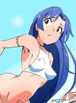  :&lt; armlet bare_shoulders bikini blue_hair breasts brown_eyes day groin highres idolmaster idolmaster_(classic) jewelry kisaragi_chihaya long_hair natsumi_hajime navel necklace small_breasts solo swimsuit white_bikini 