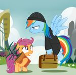  beanie bonsai_tree building bush clothing cloud duo equine female flower flower_pot flying friendship_is_magic grass hair hat horse house mammal mountain multi-colored_hair my_little_pony outside path pegasus pixelkitties plant pony purple_eyes purple_hair rainbow_dash_(mlp) rainbow_hair scootaloo_(mlp) sky smile suitcase the_professional tree wings 