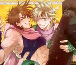  :q abs blonde_hair blush brown_hair caesar_anthonio_zeppeli carrying crop_top facial_mark feathers fingerless_gloves gloves green_eyes hair_feathers headband jojo_no_kimyou_na_bouken joseph_joestar_(young) midriff multiple_boys one_eye_closed ormg116 pink_scarf princess_carry scarf tongue tongue_out v 