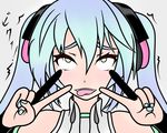  ahegao aqua_hair denka_plus double_v face fingerless_gloves flat_color gloves hatsune_miku hatsune_miku_(append) long_hair nail_polish rolling_eyes solo tears tongue tongue_out trembling twintails v vocaloid vocaloid_append yellow_eyes 
