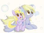  blonde_hair bubble cutie_mark derpy_hooves_(mlp) dinky_hooves_(mlp) duo equine female feral friendship_is_magic hair happy holding horn horse lying mammal my_little_pony open_mouth pegasus plain_background pony sitting smile unicorn white_background wings zokkili 
