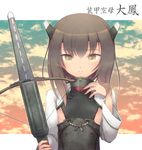  bad_id bad_pixiv_id blush bow_(weapon) brown_eyes brown_hair buritaku crossbow flat_chest headband headgear kantai_collection short_hair smile solo taihou_(kantai_collection) text_focus translation_request weapon 