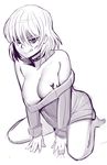  bags_under_eyes bare_shoulders barefoot breast_tattoo breasts choker cleavage dress hikage_(senran_kagura) kneeling large_breasts licking_lips monochrome naughty_face senran_kagura sho-n-d short_hair sketch solo sweater sweater_dress tattoo tongue tongue_out 