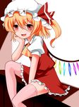  blonde_hair blush chin_rest elbow_rest fang flandre_scarlet hat highres kitarow pink_legwear red_eyes side_ponytail smile solo thighhighs touhou wings 