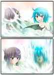  2koma :d alternate_hairstyle bat_wings bath bathing blue_hair blush comic commentary_request crescent crescent_hair_ornament dress fang folded_ponytail hair_ornament hair_up hydrokinesis jitome magic_circle multiple_girls nobamo_pieruda nude open_mouth patchouli_knowledge purple_dress purple_eyes red_eyes remilia_scarlet revenge shared_bathing smile splashing touhou v-shaped_eyebrows water wet wings 