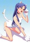  animal_ears arm_support arm_up bell bell_choker blue_hair blush brown_eyes cat_ears cat_paws cat_tail choker fang idolmaster idolmaster_(classic) jingle_bell kaimuu_(fahrenheit724) kisaragi_chihaya kneeling long_hair one-piece_swimsuit open_mouth paw_pose paws school_swimsuit solo swimsuit tail white_school_swimsuit white_swimsuit 