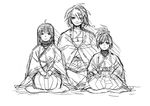  2boys character_request greyscale japanese_clothes kiseru kuroi_yasu long_hair m.u.g.e.n miko monochrome multiple_boys one-eyed original pipe sarashi scar seiza sendai_hakurei_no_miko sitting sketch smile touhou 