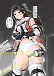  bandana blush brown_eyes brown_hair comic double-breasted elbow_gloves gloves hair_intakes half_updo jintsuu_(kantai_collection) kantai_collection light long_hair navel necktie panties remodel_(kantai_collection) searchlight skirt skirt_lift solo translation_request underwear yano_toshinori 