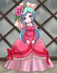  blue_eyes bow charlotte_(pop'n_music) collarbone commentary_request dress flower hair_flower hair_ornament head_tilt layered_dress long_hair looking_at_viewer low_twintails nollety pop'n_music red_dress ribbon smile solo standing twintails v_arms 