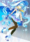  argyle argyle_background blue_eyes blue_hair boots cape gloves hat hatsune_miku high_heels long_hair pantyhose skirt smile snowflakes solo suki!_yuki!_maji_magic_(vocaloid) teki_(kakari) twintails very_long_hair vocaloid wand witch_hat yuki_miku 