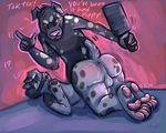  balls barefoot butt canine combatraccoon dalmatian dialog dog english_text male mammal muzzle_(object) muzzled nude paddle penis pink_nose spanking text 