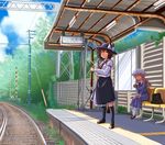  bag bench blonde_hair blue_sky bow brown_eyes brown_hair cloud day dress hat hat_bow highres juliet_sleeves long_hair long_sleeves looking_at_viewer maribel_hearn mob_cap multiple_girls necktie pantyhose power_lines puffy_sleeves purple_dress railroad_tracks real_world_location satou_yuuki shirt sitting skirt sky standing tactile_paving tokyo_(city) touhou train_station tree usami_renko v_arms very_long_hair yellow_eyes 