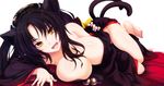  :d absurdres animal_ears barefoot black_hair breasts cat_ears cat_tail cleavage covered_nipples fangs hair_ornament hairband high_school_dxd highres japanese_clothes kimono kuroka_(high_school_dxd) large_breasts lipstick long_hair looking_at_viewer loose_clothes lying makeup miyama-zero multiple_tails nail_polish obi off_shoulder open_mouth purple_lipstick purple_nails sash scan slit_pupils smile solo tail toenail_polish yellow_eyes 