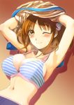  ;) armpits bad_id bad_pixiv_id blush bra breasts brown_eyes brown_hair cleavage denson highres idolmaster idolmaster_cinderella_girls large_breasts looking_at_viewer lying navel no_shirt one_eye_closed smile solo striped striped_bra sweat sweatdrop totoki_airi underwear undressing 