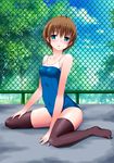  blue_eyes brown_hair chain-link_fence fence highres kaze_makase one-piece_swimsuit original school_swimsuit short_hair sitting solo swimsuit wariza 