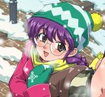  1girl beanie black_hair blush braid breath brown_eyes freckles glasses hat jacket lamppost mittens oogami_ichirou purple_hair ri_kouran round_eyewear sakura_taisen scarf smile snow wanta_(futoshi) 