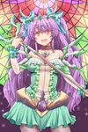  aqua_dress bow breasts choker cleavage dress hair_bow hasu_(hk_works) jewelry large_breasts long_hair looking_at_viewer necklace open_mouth original pendant purple_hair smile solo staff stained_glass tiara two_side_up very_long_hair weapon wrist_cuffs yellow_eyes 